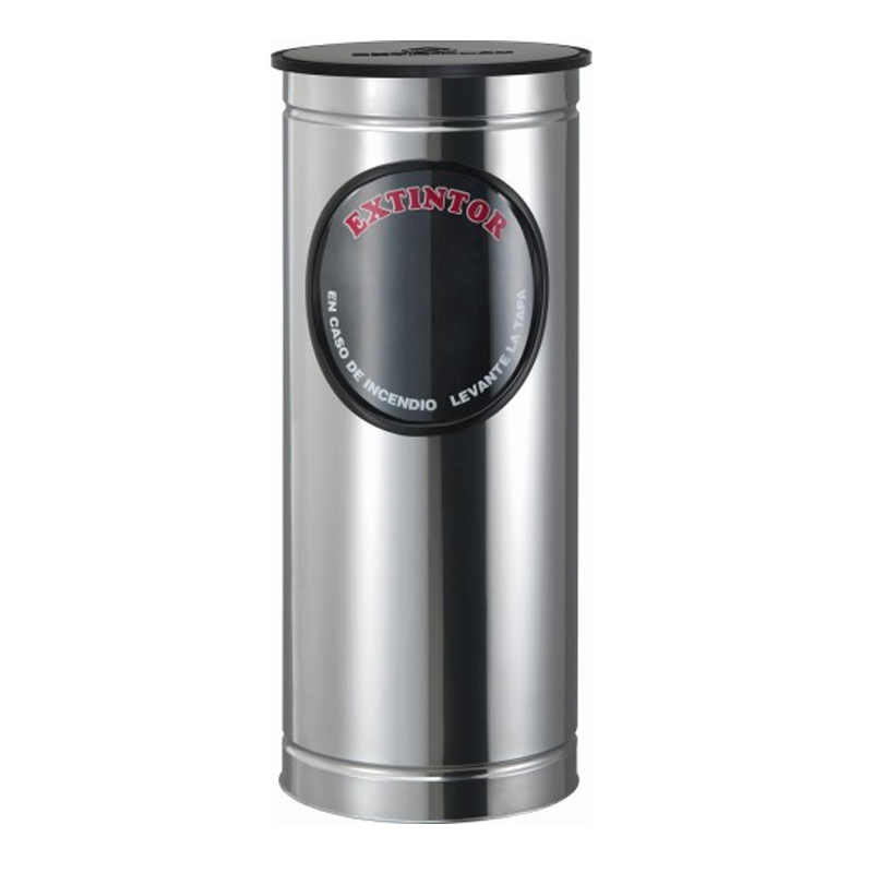 Portaextintor Cilíndrico de piso de acero inoxidable con cenicero en acabado pulido o espejo para Extintor de CO2 de 5 Lbs.